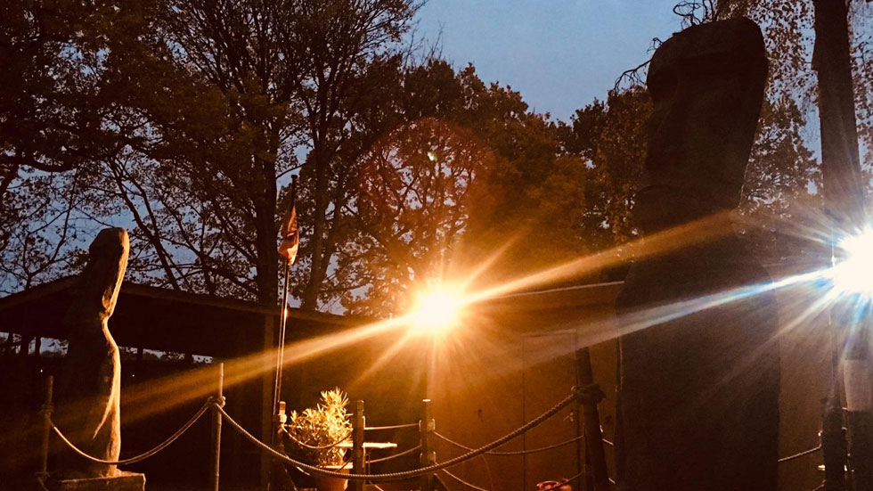 basecamp floodlit at night